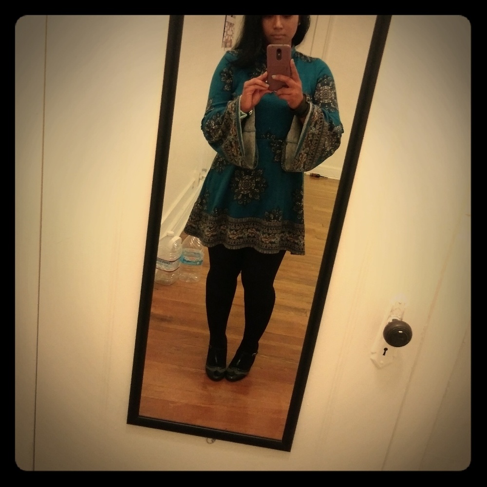 Teal colored butterfly sleeve dress